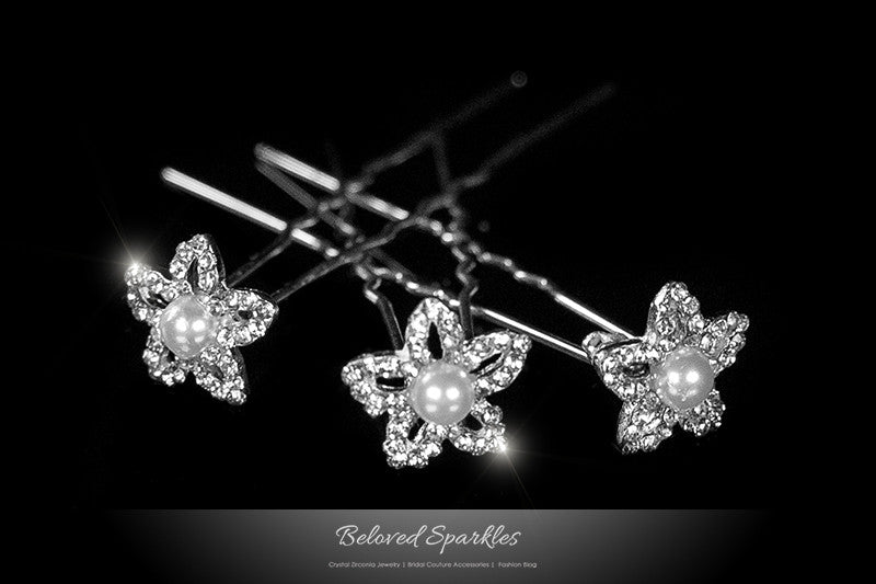 Nicola Pearl Flower Hair Stick Pin | Pearl | Rhinestone - Beloved Sparkles
- 1